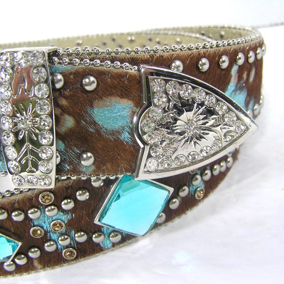 ANGEL RANCH CALF HAIR LEATHER BELT SIZE XL STUDS FAUX GEMS - Picture 14 of 16